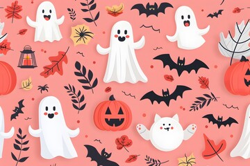 Playful Halloween background with cute ghosts, jack-o'-lanterns, and bats on a pink backdrop.
