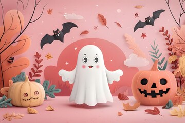 Cute cartoon ghost surrounded by pumpkins and autumn leaves in a whimsical Halloween scene