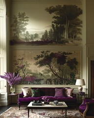 mock up botanical lilac wall art painting on the wall in the room with minimal cozy luxury farmhouse decor, interior design with purple lilac and beige color theme