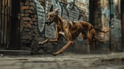 Graceful Greyhound in Mid Stride Running Pose with Urban Alleyway Backdrop