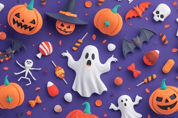 Playful Halloween-themed background with ghosts, pumpkins, bats, and sweets on a purple backdrop.