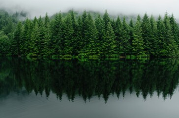 Obraz premium Serene forest lake reflection in misty mountains