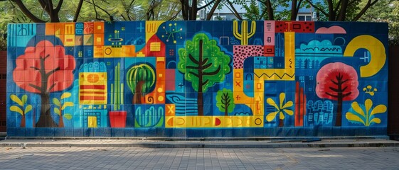 Colorful street art mural with vivid tree and geometric designs, blending nature and urban themes in a vibrant public space.