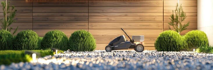 A modern robotic lawnmower in a garden setting, with a wood panelled background.