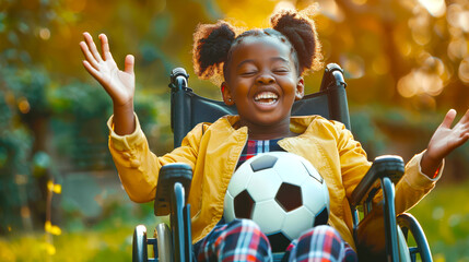 Funny little black disabled girl in a wheelchair smiles and holds a soccer ball in her hands. The concept of joy and playfulness when a girl enjoys time spent outdoors