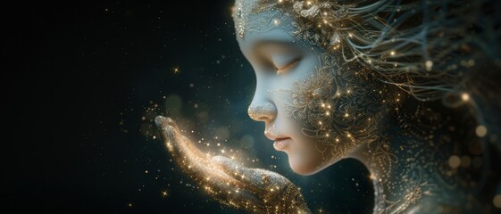 Ethereal figure with iridescent sparkles, immersed in a mesmerizing fantasy world, capturing a sense of wonder and magic in a serene moment.