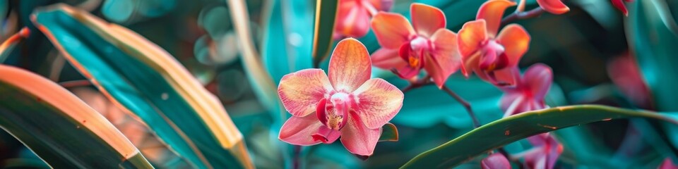 Fototapeta premium Beautiful Orchids Blooming in a Garden Floral Background, Highlighting Spring Season, Sunshine, and Outdoor Nature with Artistic and Aesthetic Botanical Elements