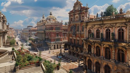 Obraz premium A Renaissance-era palazzo with ornate facades and a grand staircase leading up to a domed rooftop terrace overlooking a bustling city square.