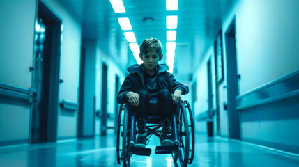 A frustrated, unhappy disabled boy is sitting in a wheelchair in the hospital corridor. He received a disappointing diagnosis about his health