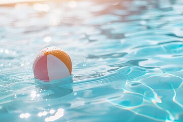 Summer holidays background with colorful beach ball floating on luxury swimming pool and copy space