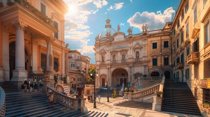 Fototapeta premium A Renaissance-era palazzo with ornate facades and a grand staircase leading up to a domed rooftop terrace overlooking a bustling city square.