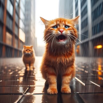The cat is crying In the rain and with wet hair, still wet and standing on a city street full of buildings. sad cats, illustration, generative ai | cat orange