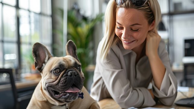 Cheerful Office Worker Playfully Interacts with Curious French Bulldog in Minimalist Workspace