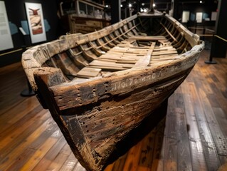 Ancient Wooden Boat in Museum.