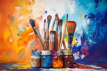 A set of art brushes on the background of an artistic canvas with multicolored paint strokes.