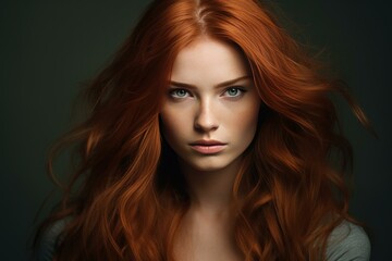 Fototapeta premium Portrait of a woman with flowing red hair and captivating eyes on a dark background