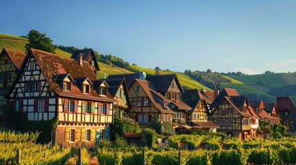 Obraz premium A rustic European village with half-timbered houses adorned with colorful shutters, nestled amidst rolling hills and vineyards under a clear blue sky.