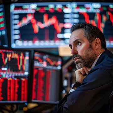 Stock trader looking at multiple screens with red downward arrows, [stock market turbulence], [trading panic]