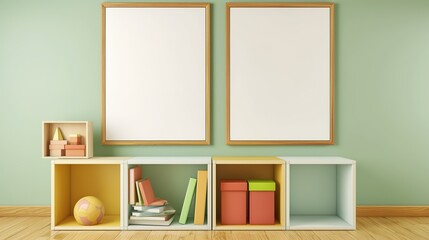 Kindergarten Classroom Wall Art and Storage: White Blank Posters in Wooden Frames with Colorful Cube Cabinet