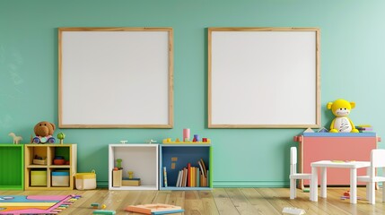 Kindergarten Classroom Wall Art and Storage: White Blank Posters in Wooden Frames with Colorful Cube Cabinet