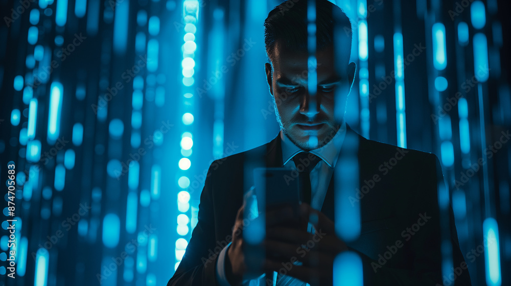 Wall mural Man in suit checking cell phone