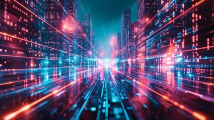 Obraz premium A futuristic digital background with neon lights and tech-inspired patterns, ideal for sci-fi or cyberpunk themed projects.