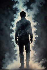 Man walking with silhouette and abstract smoke poster effect,