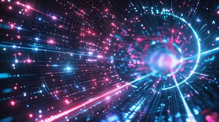 Naklejka premium A futuristic digital background with neon lights and tech-inspired patterns, ideal for sci-fi or cyberpunk themed projects.