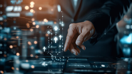 Person touching tablet, city background