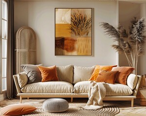 mock up boho abstract wall art painting on the wall in the room with minimal cozy wabi sabi farmhouse decor, interior design with neutral color theme