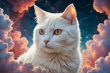 A lost white cat in the style of 90's vintage anime. 