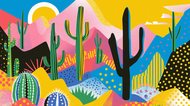 1980s-style Risograph printing with geometric valley, hills, and cacti shapes