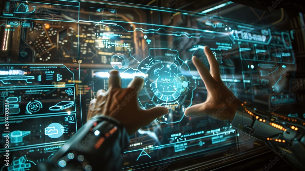 Poster a holographic interface being used to manipulate data and virtual objects, illustrating the cutting-