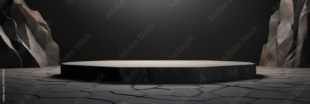 Poster dark minimalist product display with stone platform