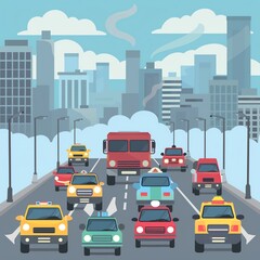 Vehicles causing air pollution, traffic scene, flat design illustration