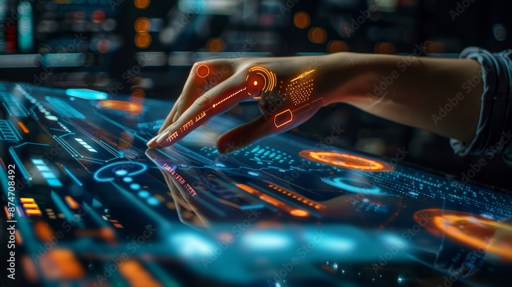 Poster a holographic interface being used to manipulate data and virtual objects, illustrating the cutting-