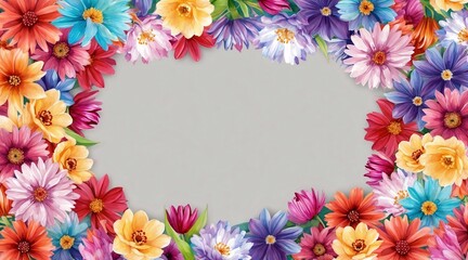 Fototapeta premium Colorful watercolor floral border arranged in a frame with a gray empty space in the middle.