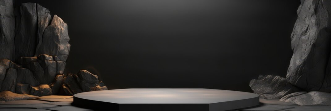 Dark and mysterious rocky cave with a glowing pedestal