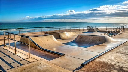 Empty skate park ramp on a seaside beach , skateboarding, ramp, outdoor, skateboard, empty, concrete, silhouette