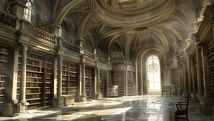 Obraz premium Majestic library with ancient tomes, sunlit arches, and marble floors. Digital art