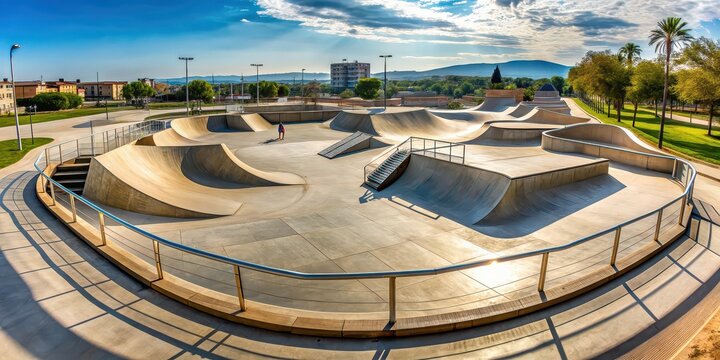 Modern skate park in Igualada, Spain featuring impressive ramps, rails, and halfpipes, skate park, Igualada, Spain