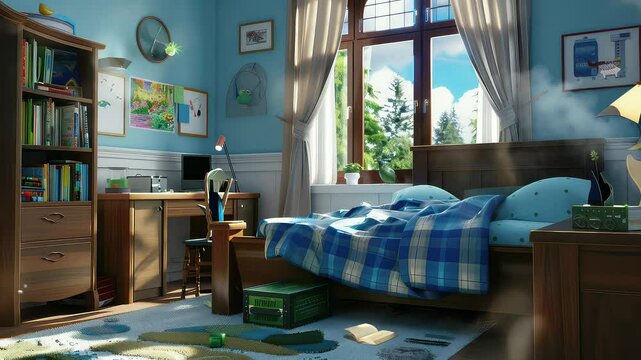 Animation Cozy, well-lit bedroom with study area. generated with ai
