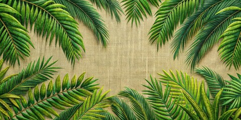 Fototapeta premium Silk embroidery of palm leaves on a lush jungle background, tropical, exotic, foliage, palm leaf, pattern, silk