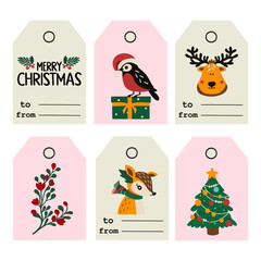 Set of Merry Christmas tags, icons and cards with hand drawn elements. Vector illustration