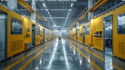 Fototapeta premium Advanced factory interior with golden equipment, blending precious metals with cutting-edge digital technology, a vision of industrial sophistication