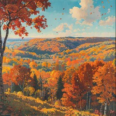 Fototapeta premium Panoramic view of a hillside forest, vibrant autumn colors spreading across the landscape, leaves floating down, midday bright light, expansive and breathtaking.