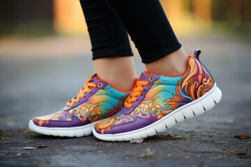 Naklejka premium Close-up of vibrant patterned sneakers worn outdoors, highlighting casual street style