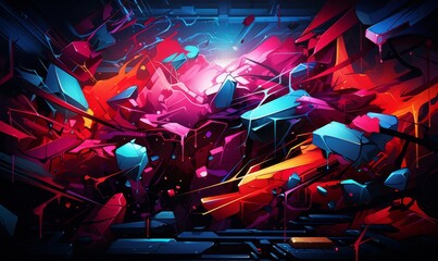 A chaotic abstract background illustration with tangled lines and splashes of neon against a dark backdrop, evoking urban graffiti