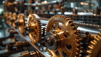 Complex cogwheel system, polished metallic surfaces gleaming, demonstrating precise engineering and smooth motion, in a modern industrial scene