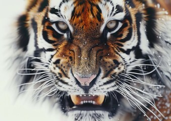 Naklejka premium Close-up portrait of a tiger's face, with its teeth bared.